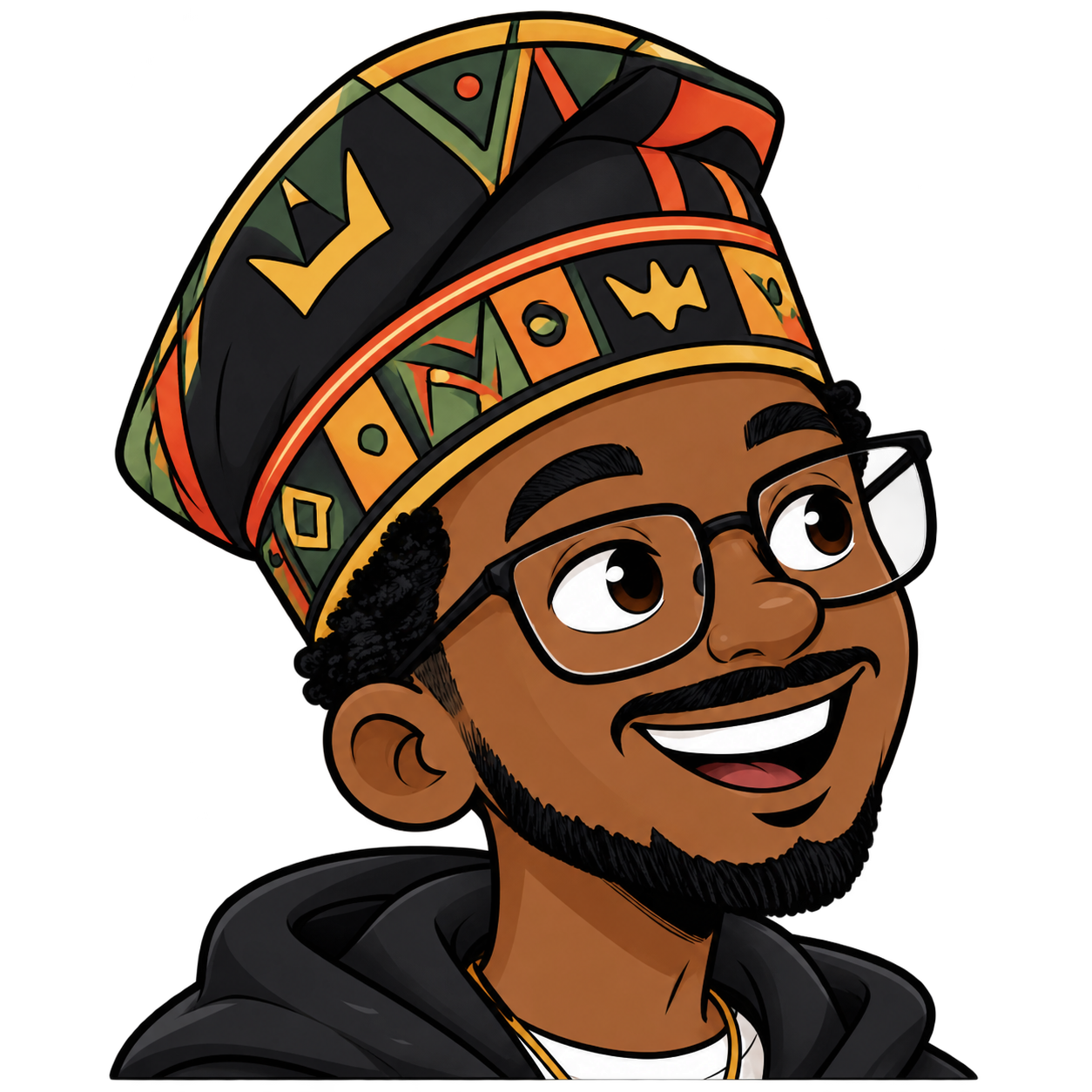 Temba, smiling in black rectangular glasses and his folded black, gold, orange-red and green signature hat.
